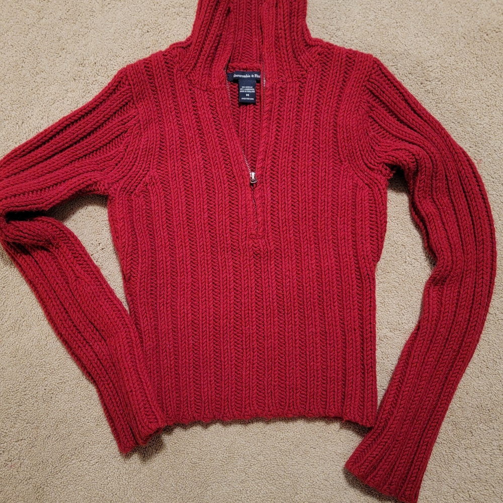 Vintage Y2K Abercrombie & Fitch Red 1/4 Zip Cable Knit Sweater/Lambswool/Med.